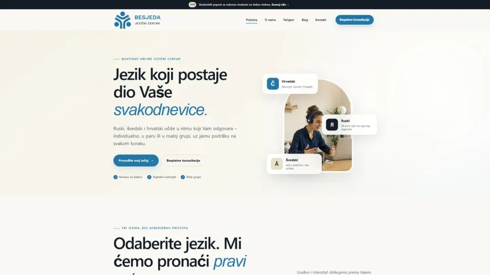 Prikaz web stranice Jezični centar Besjeda