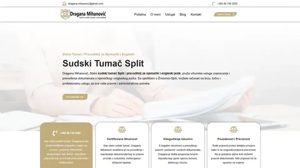 Prikaz web stranice Sudski Tumač Mihanović — sudskitumacmihanovic.hr