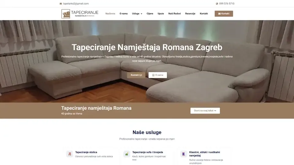 Prikaz web stranice Tapeciranje Namještaja Zagreb — tapeciranjenamjestajazagreb.com
