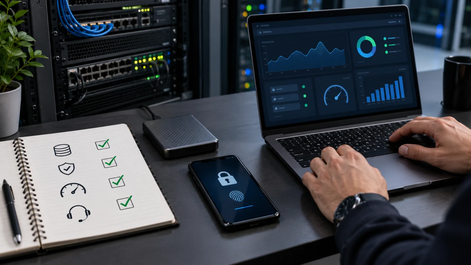 Tehničar provjerava backup, sigurnost, brzinu i podršku web hosting paketa