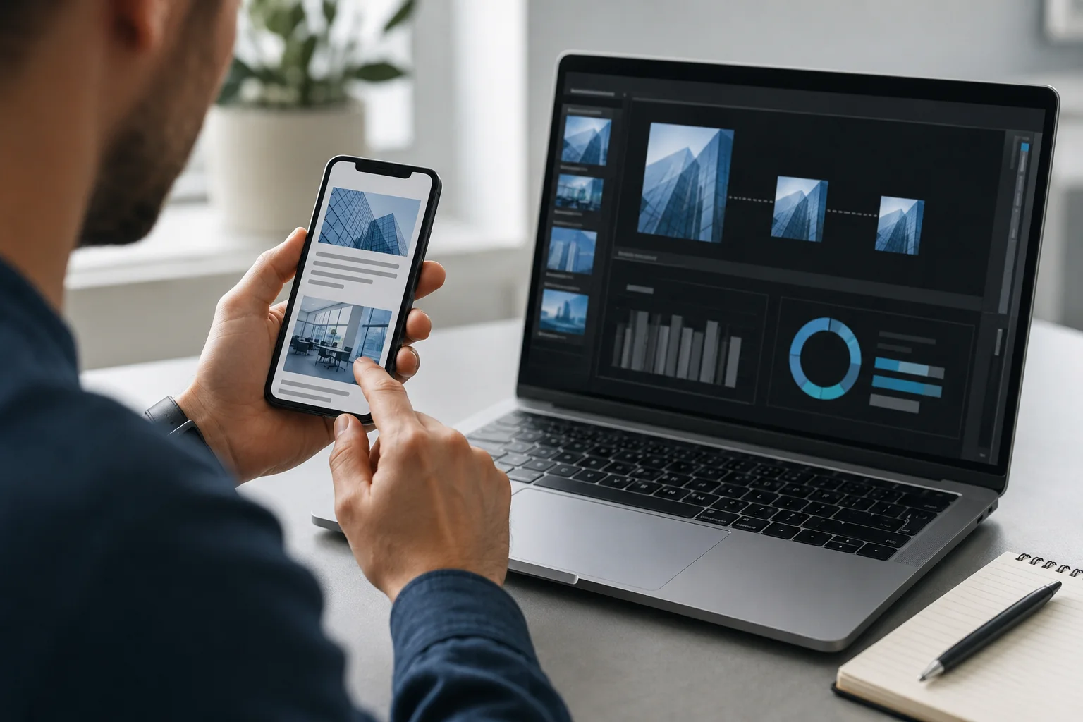 Web stručnjak testira mobilni prikaz stranice i optimizaciju fotografija na telefonu i prijenosnom računalu
