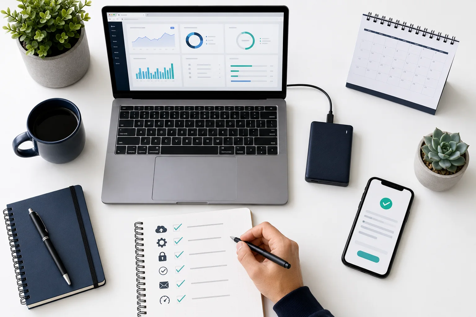 Mjesečna kontrolna lista održavanja uz laptop, backup disk, kalendar i test obrasca