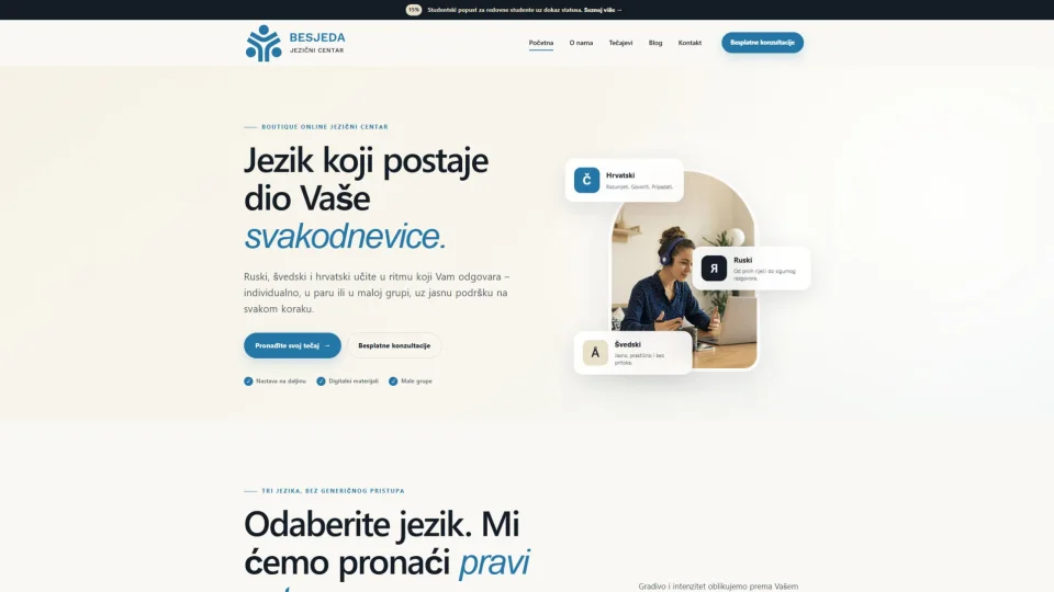 Screenshot web stranice Jezični centar Besjeda - besjeda.eu